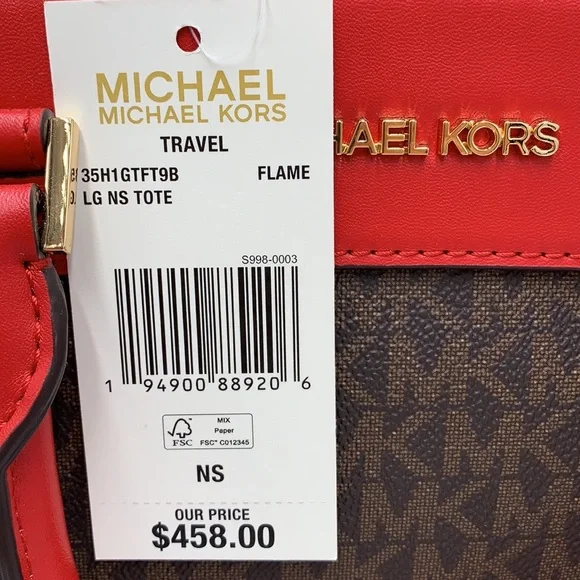Michael Kors Travel Large Top Zip North South Tote Bag Flame/Brown signa… - Picture 16 of 16